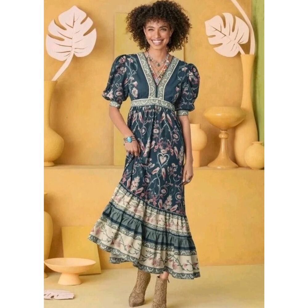 Especia Womens Cordelia Garden Dress Size S Maxi Blue Floral Smocked Puff Sleeve